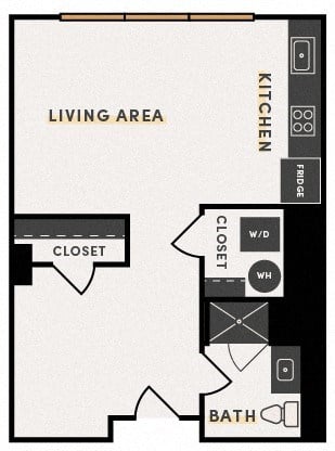 Floor plan for studio, 1 bath, 579 sqft